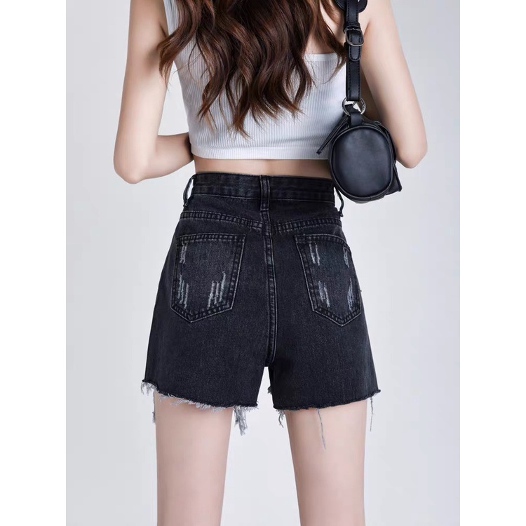 Quần short jean nữ BigSize lưng cao trên rốn, co dãn mạnh, tua lai, màu XÁM ĐEN rách bụi dành cho người mập 4342 MLJ