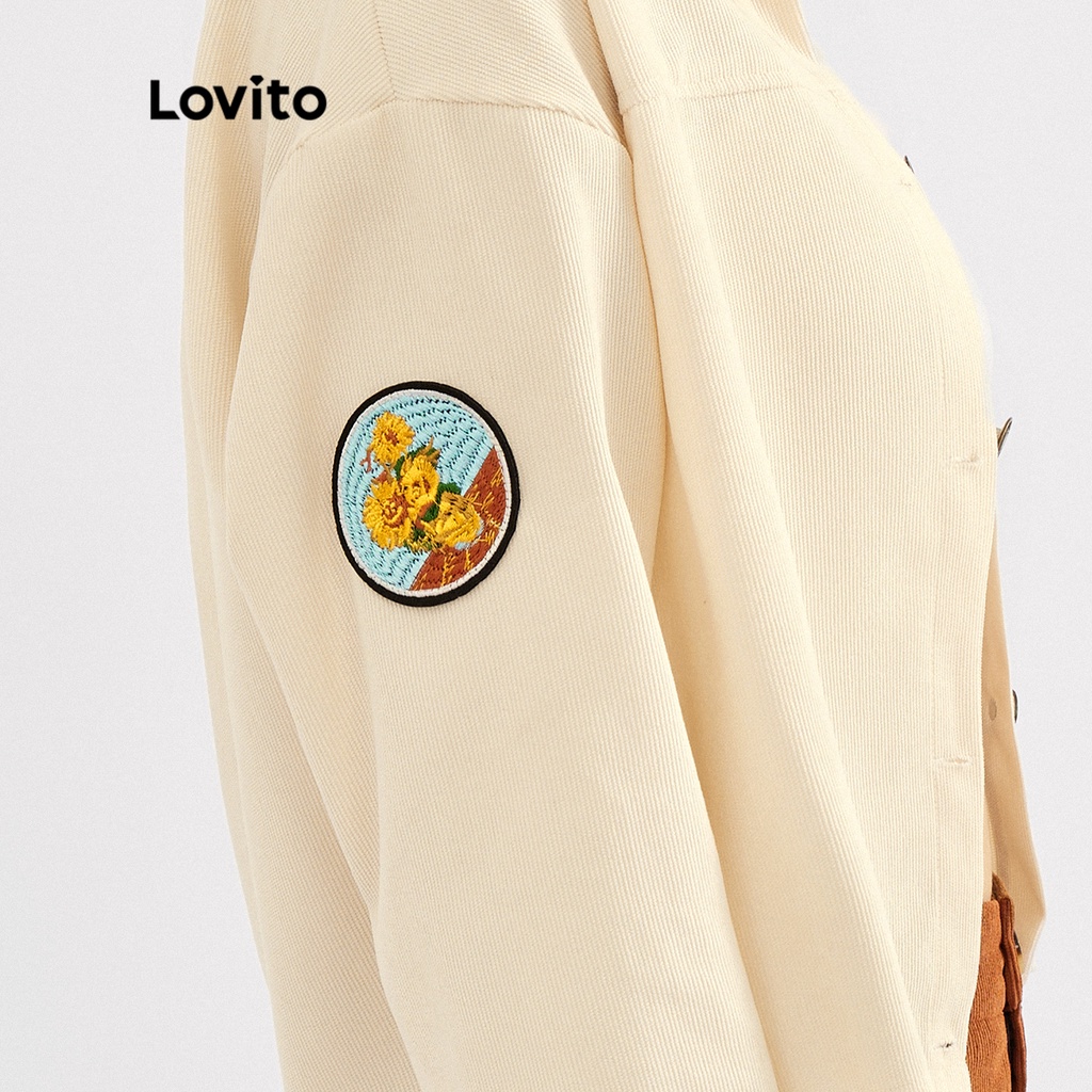 Áo khoác Lovito có nút họa tiết cây cỏ ghép nối màu sắc phong cách thường ngày L30ED061 (màu kaki)