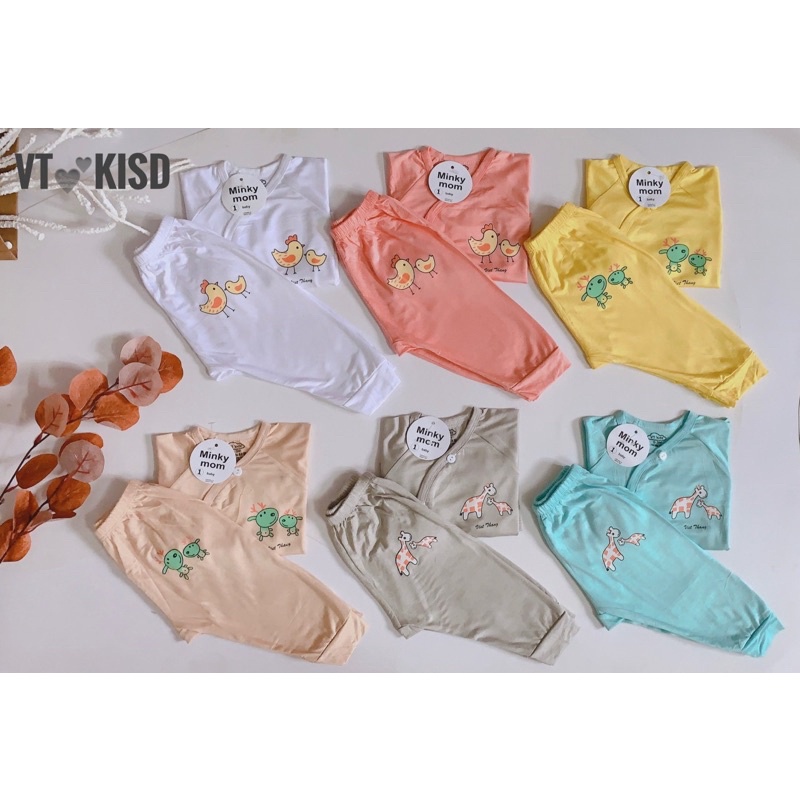 Bộ Quần Áo Sơ Sinh Cài Chéo Màu Trơn Minky Mom