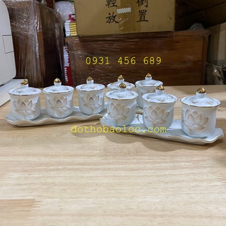 Chum nước thờ có nắp bạch ngọc TRẮNG cao cấp hình hoa sen nổi 2 loại: bộ 3 ly và bộ 5 ly