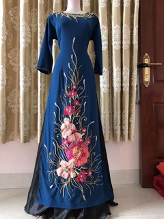 Áo dài xanh đen, áo dài xanh cổ vịt💥FREESHIP💥Áo dài đính kết dải tà hoa lan 2 tà