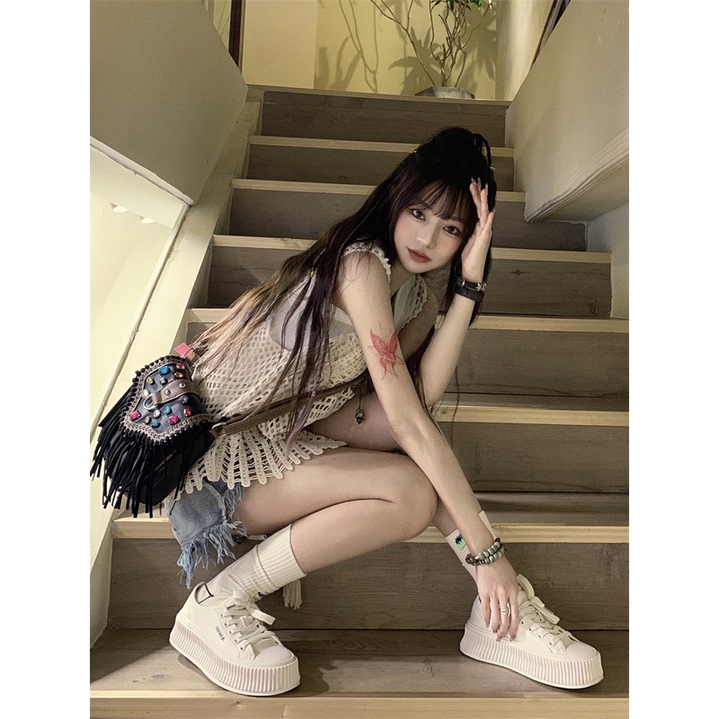 HUANG YOYO Áo Len Đan Không Tay Phong Cách retro Thời Trang Hàn Quốc Dành Cho Nữ