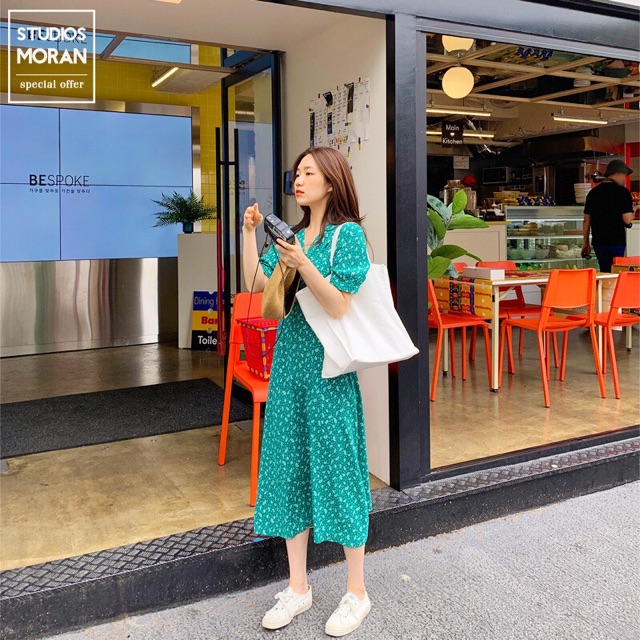 Váy moran hoa nhí xanh dáng dài ngắn tay