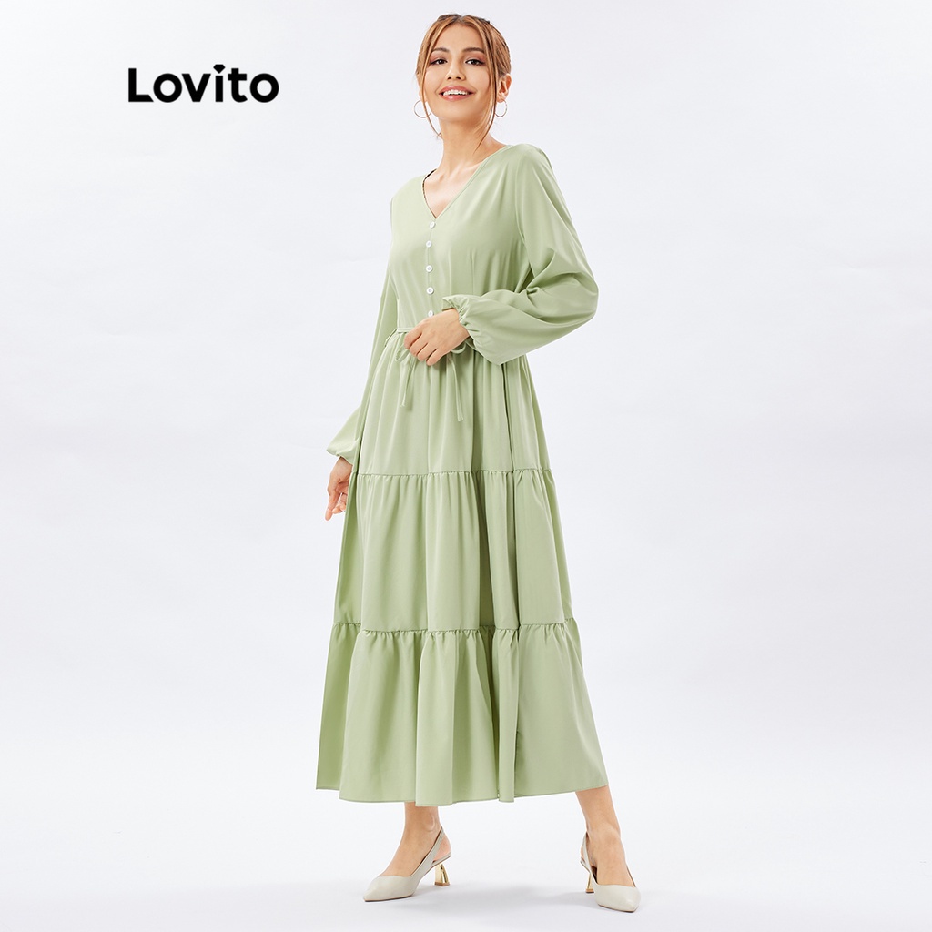 Đầm dạ hội Lovito xếp nếp tốt cổ chữ V màu trơn phong cách thường ngày L26ED055 (màu xanh lá nhạt)
