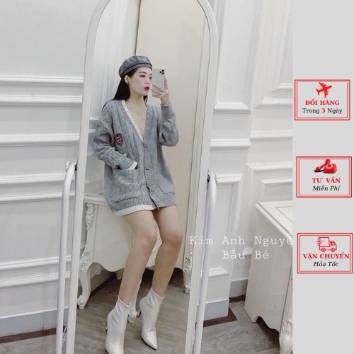 Áo cardigan len nữ dáng dài thorm màu ghi ulzzang Hàn Quốc phong cách cá tính