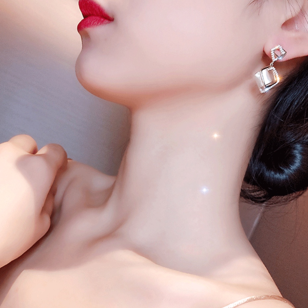 Bông tai nữ bạc s925 dáng thả hình vuông đính đá sang trọng thời trang Hàn Quốc Lémi accessories