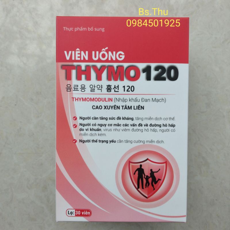 Viên uống Thymo120 với Thymodulin nhập khẩu Đan Mạch và Cao Xuyên Tâm Liên hộp 30 viên hỗ trợ tăng đề kháng đường hô hấp