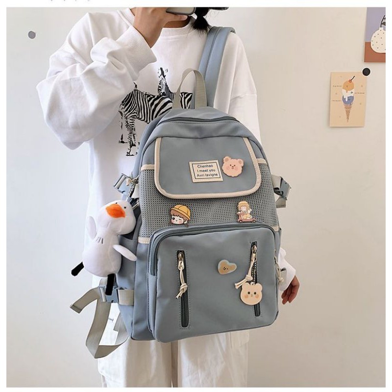 Balo nữ chất vải canvas chống thấm phong cách trẻ trung tặng sticker kèm móc vịt