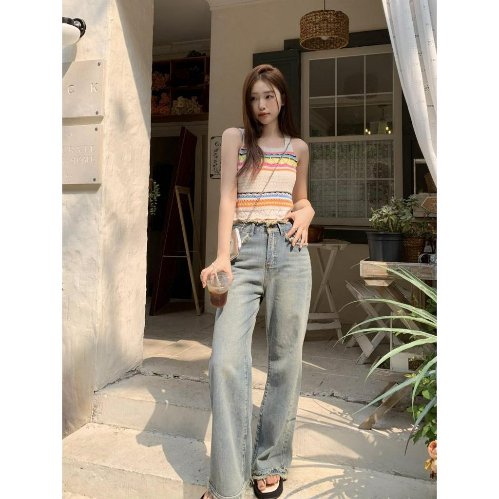 ZHELIHANGFEI Áo Dệt Kim Không Tay Màu Sắc Tương Phản Phong Cách Retro Dành Cho Nữ