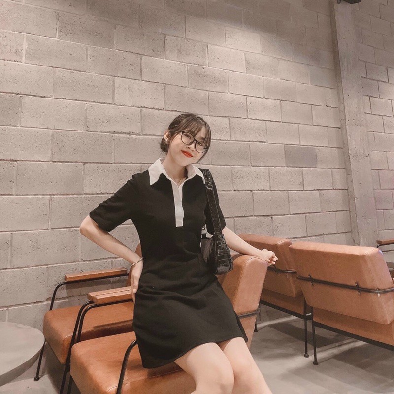 Đầm polo thun cổ sơ mi viền trắng màu đen D31 | BigBuy360 - bigbuy360.vn