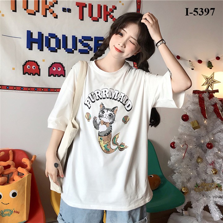 Áo Thun Unisex Nữ Hình Mèo Đuôi Cá PURRMAID