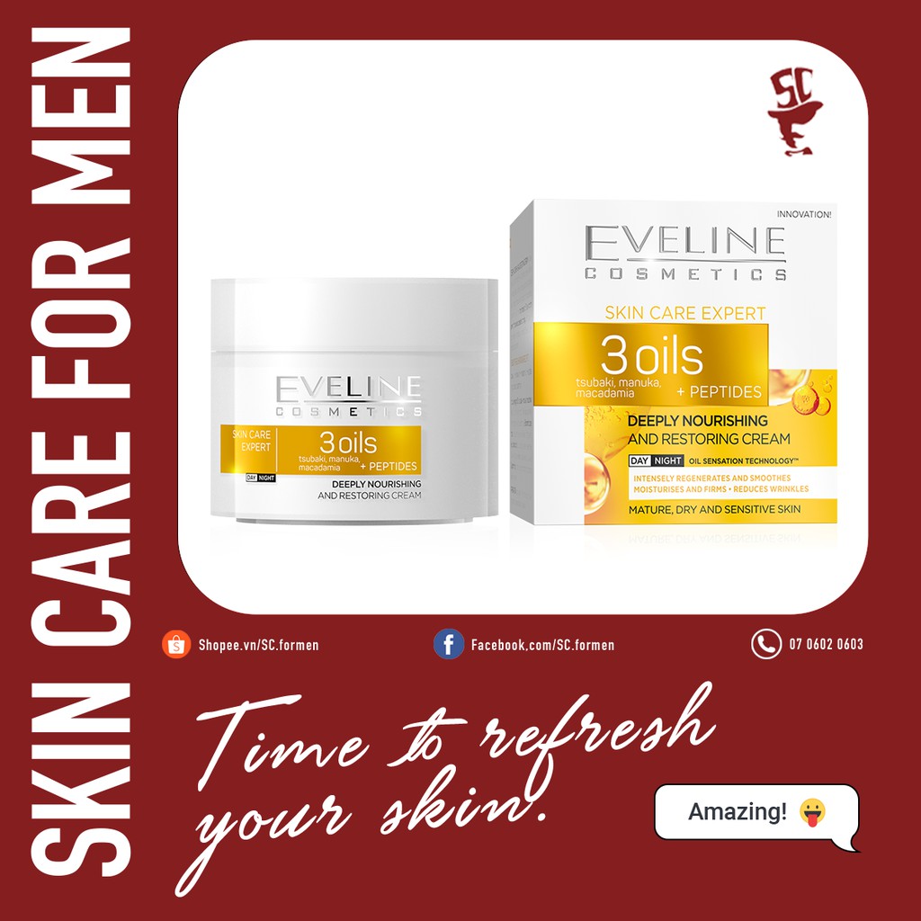 Kem dưỡng Eveline Skincare Expert 3 Oils phục hồi, tái tạo, chống lão hoá và cấp ẩm cho da 50ml