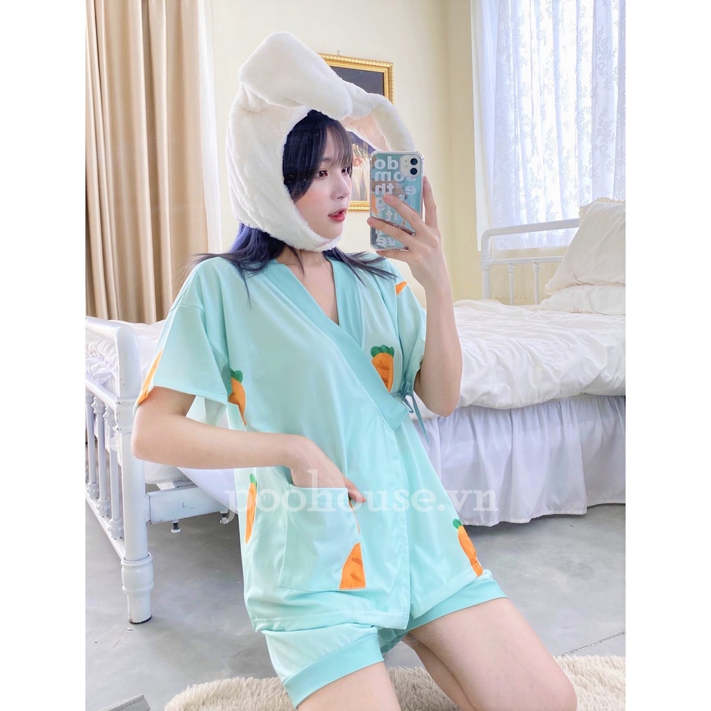 Đồ bộ nữ, bộ đồ ngủ kimono pijama cộc tay mặc nhà chất liệu cotton kiểu Nhật - Poohouse KIMONO-CAROT