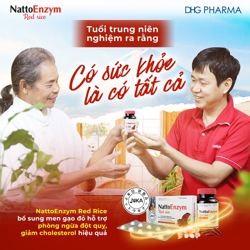 NattoEnzym Red Rice - DHG Pharma - Chai 60 Viên - Hỗ Trợ Giảm Cholesterol Máu, Làm Tan Cục Máu Đông