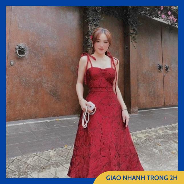 Váy Xòe Đỏ Dáng Dài, Đầm 2 Dây Cúp Ngực Cột Vai Chất Gấm Dày Dặn Họa Tiết Bắt Mắt, Váy Dự Tiệc Sang Chảnh.