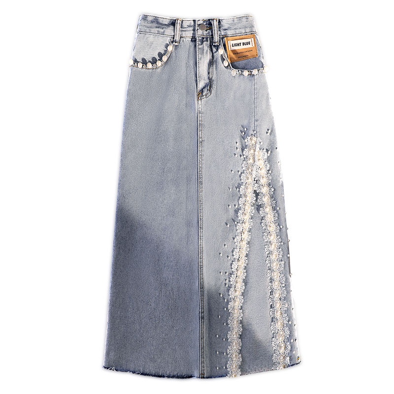 Denim skirt women's spring / summer 2022 new high waist medium length hip covering slim nail bead split A-shaped Hip Wrap Skirt