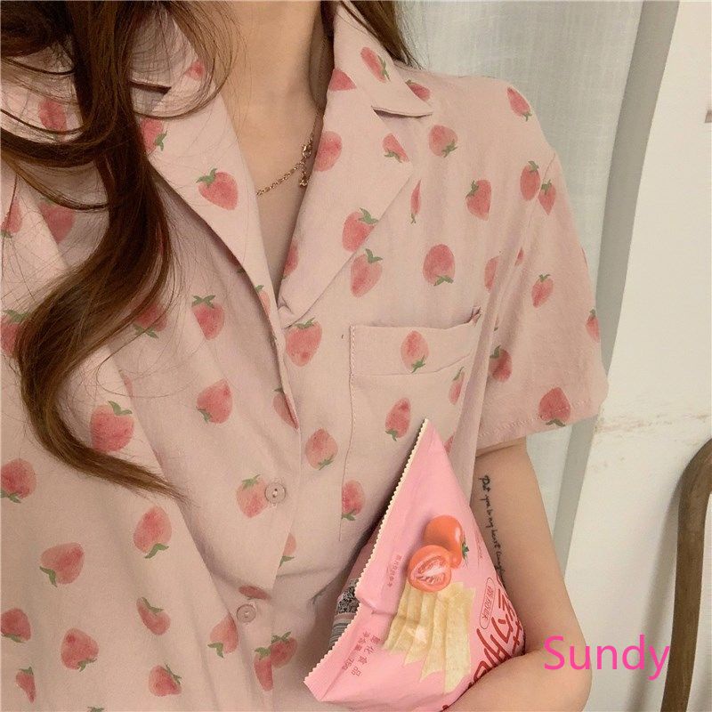 Set đồ ngủ ngắn tay in hình dâu tây thời trang hè cho nữ