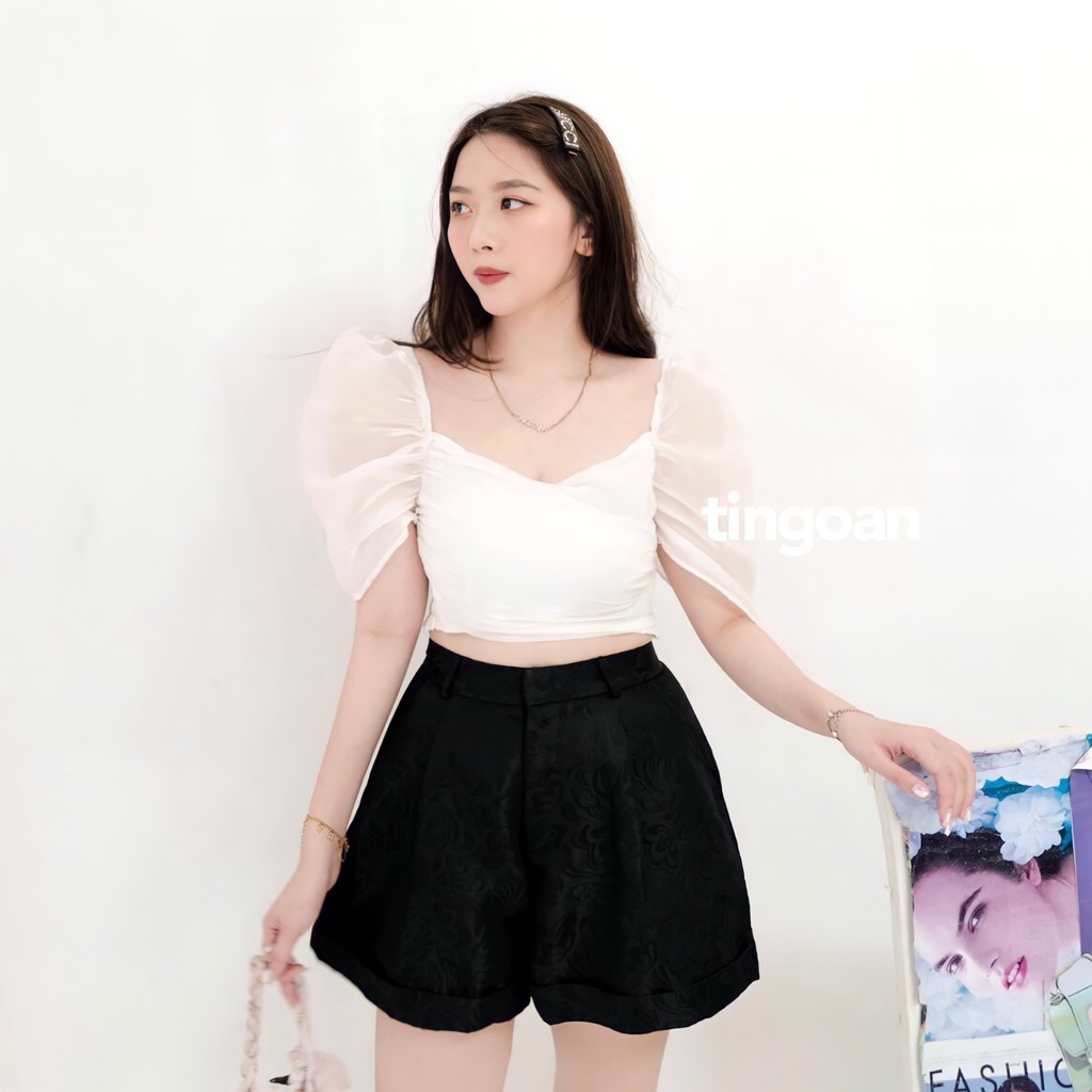 [Mã WABRTN153 giảm 12% đơn 250K] Quần short cạp cao gập gấu vải gấm đen tingoan LIBRA SHORT/BL