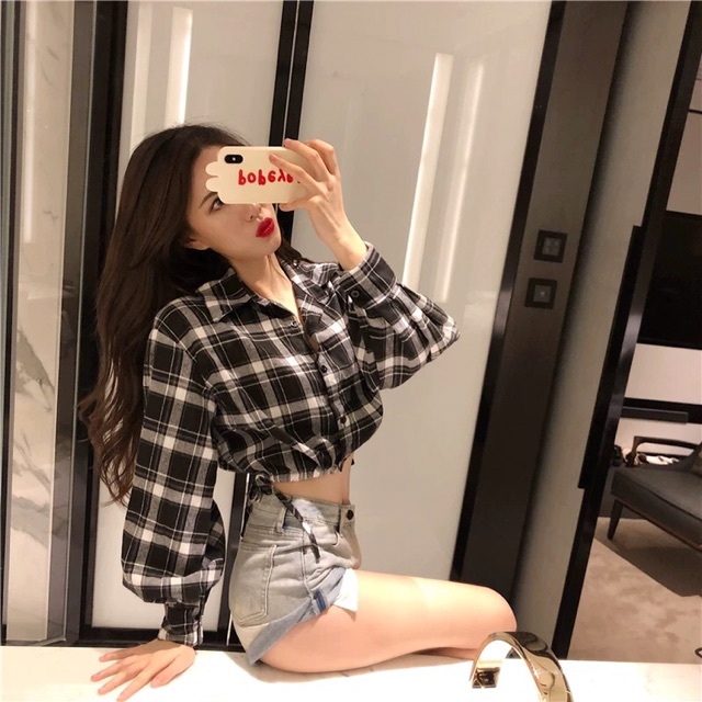 Áo Sơ Mi Eo Buộc Dây Dài Tay Họa Tiết Kẻ Caro/ Áo Croptop Chic Khoác Ngoài Kiểu Dáng Hàn Quốc A00179