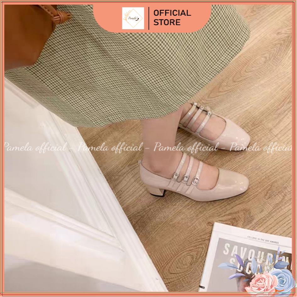 PAMELA - Giày Nữ Mary Jane Mũi Vuông Da Bóng 3 Khóa Quai Ngang Tiểu Thư Đế 5 phân Hot Trend 2022 - Gi22