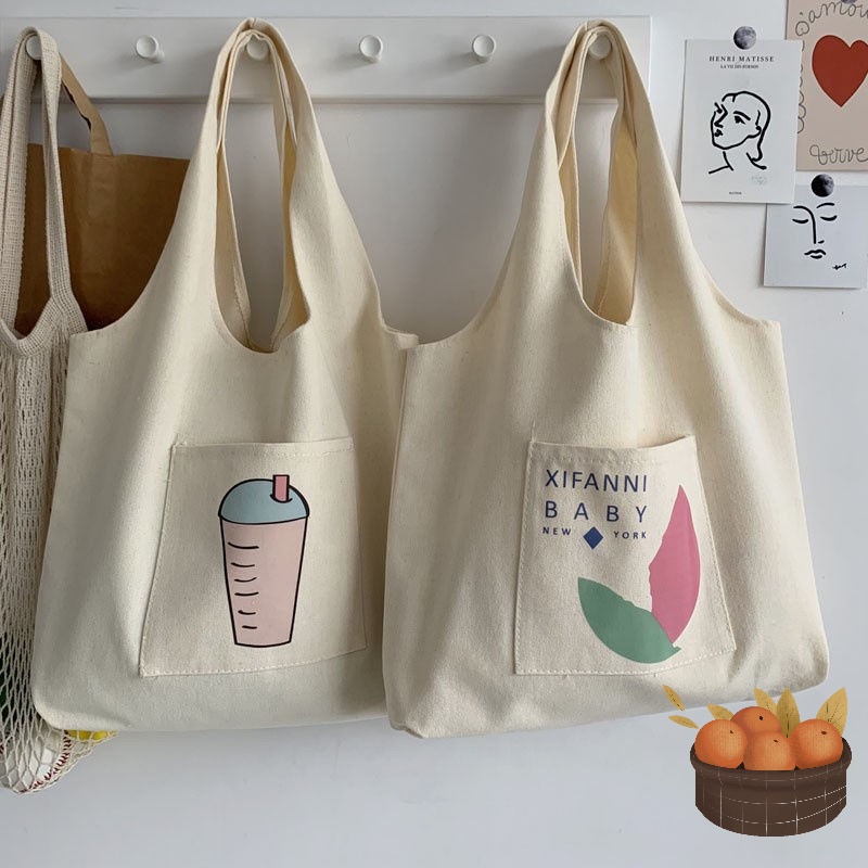 Túi Đeo Vai Vải Canvas Cỡ Lớn In Hình Trà Sữa Mẫu Mới 2023 Phong Cách Hàn Quốc Thời Trang Cho Nữ