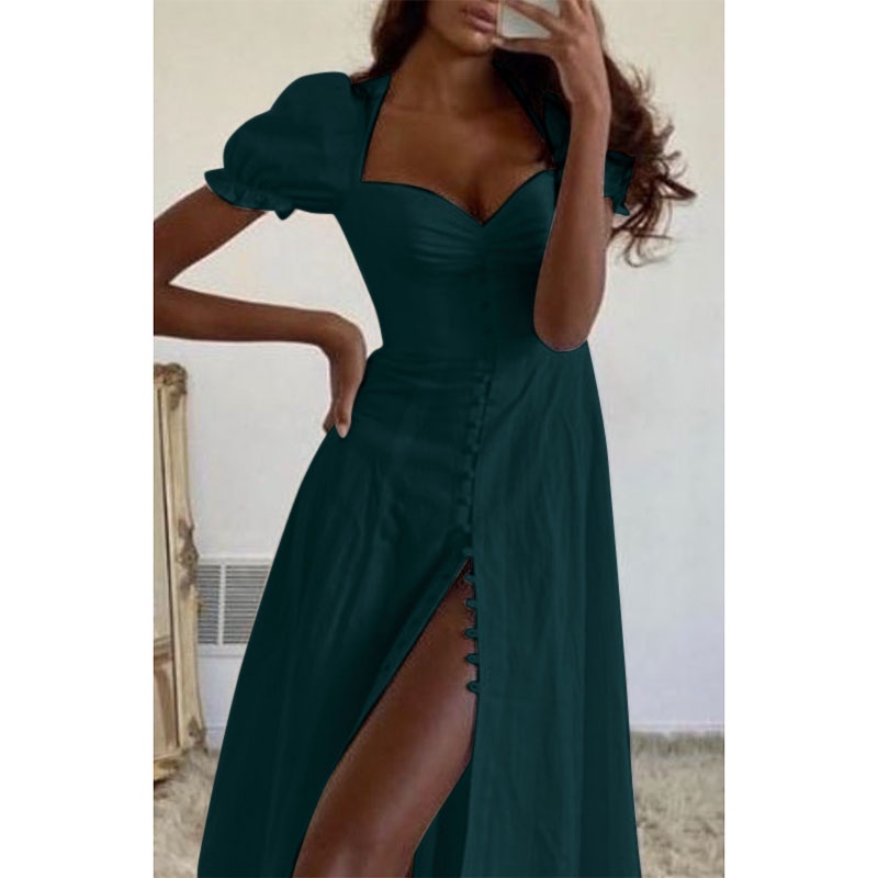 Váy maxi CELMIA cổ vuông tay ngắn phồng thiết kế nút cài phong cách quyến rũ thời trang đi tiệc cho nữ