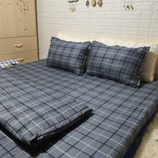 Bộ ga gối cotton giá rẻ 180x200x10cm màu xám họa tiết ô vuông