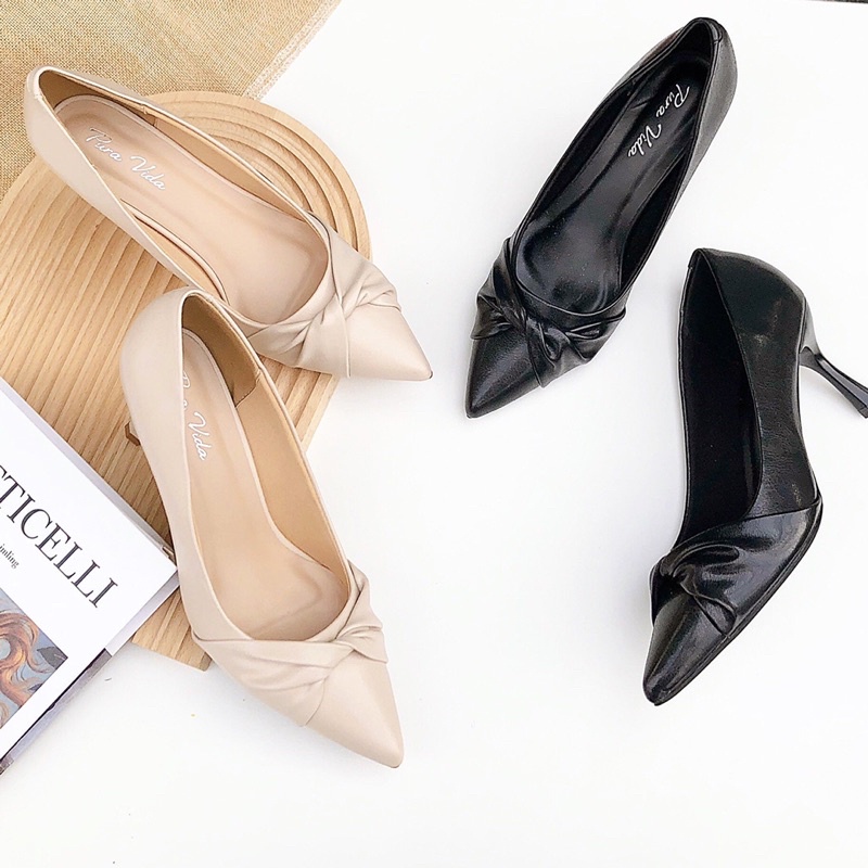 Giày cao gót mũi nhọn phối nơ xoắn thời trang gót nhọn cao 7cm hàng vnxk cao cấp