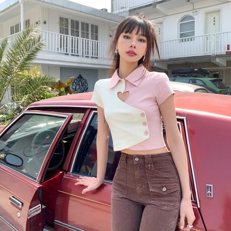 Áo thun polo ZHELIHANGFEI ngắn tay lưng cao thiết kế bất đối xứng phong cách quyến rũ