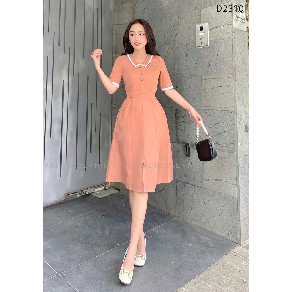 Đầm Công Sở NHẬT VY Dáng Xòe Đính Cúc Cổ Viền Trắng Chất Kaki Thun Màu Nude, Xanh - D2310