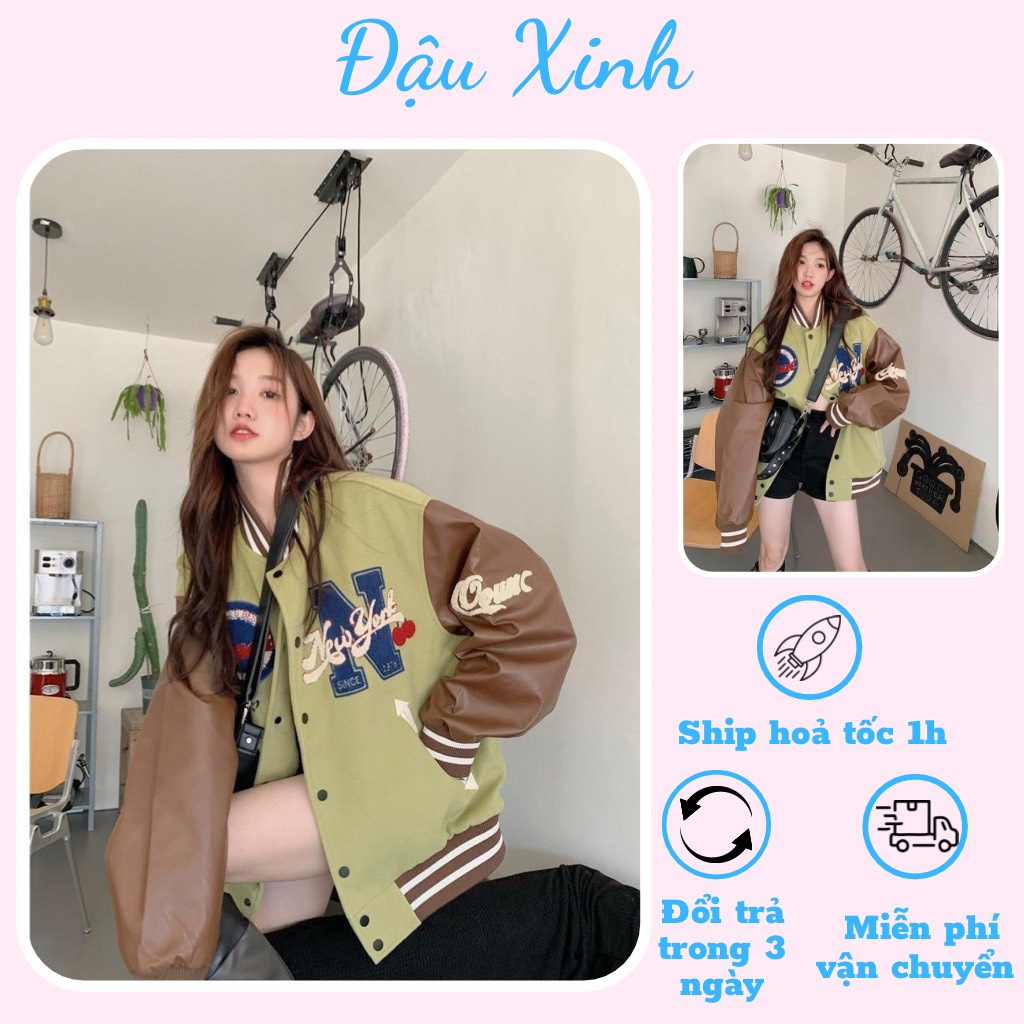 Áo khoác bomber bóng chày màu xanh bơ phối tay da nâu - B302