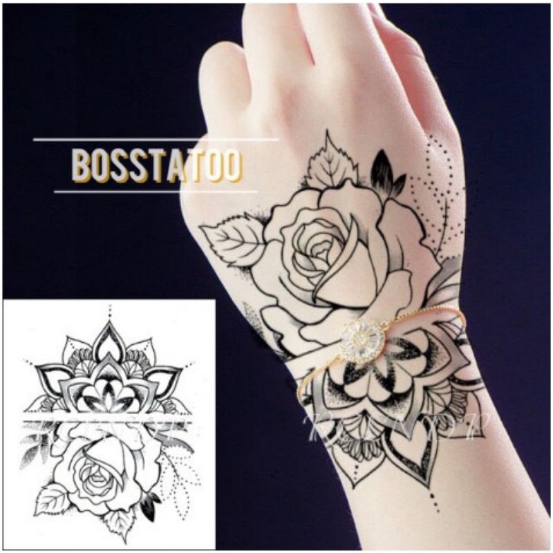 Hình xăm hoa hồng hoa văn trắng đen style henna cổ điển MHT02. Boss tatoo - xăm dán tạm thời