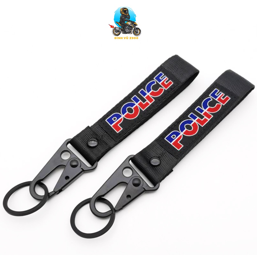 Móc khóa POLICE, đầu bấm kim loại CHẮC CHẮN, dây vải DÀY DẶN, logo THÊU không phai màu