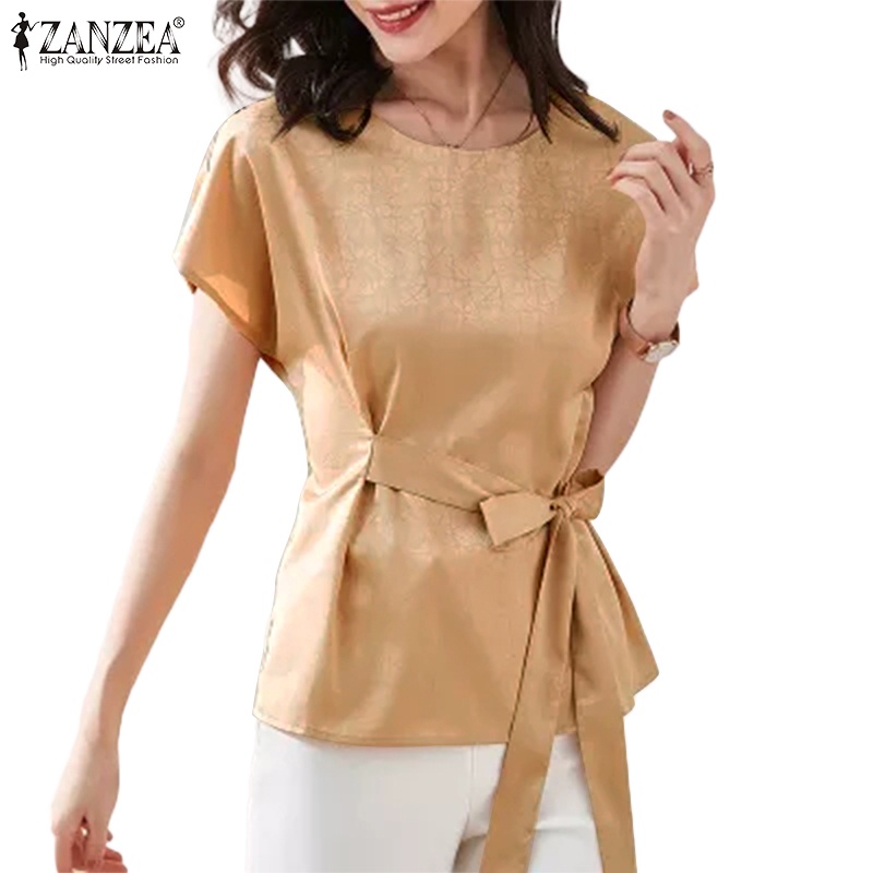Zanzea Áo Satin Cổ Tròn Thắt Dây Eo Tay Ngắn Thanh Lịch Dành Cho Nữ