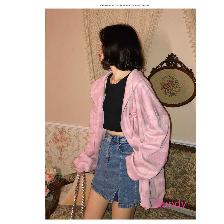 Áo Hoodie Tay Dài Nhuộm Màu Nhuộm Dáng Rộng Thời Trang Mùa Thu Cho Nữ