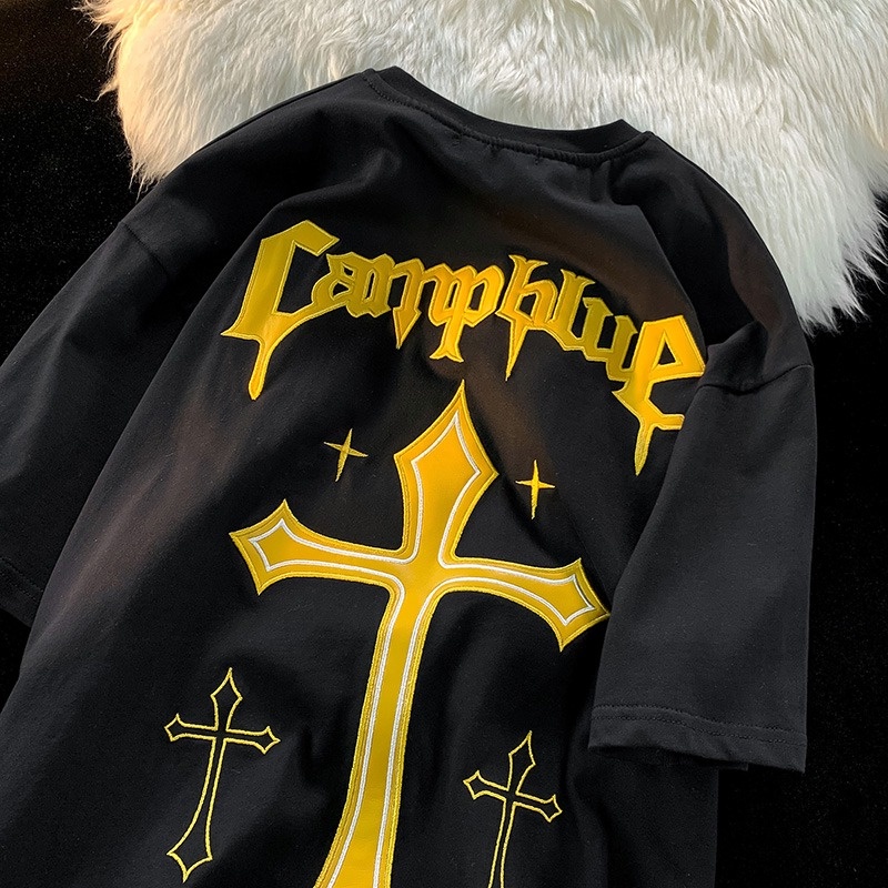 Áo thun ZHELIHANGFEI tay ngắn dáng rộng họa tiết thêu chữ thập độc đáo hợp thời trang