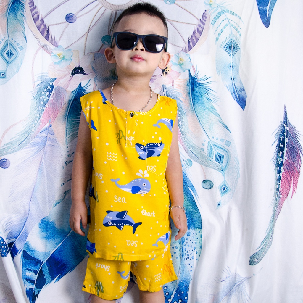 Bộ hè sát nách đáng yêu cho bé trai từ 8-19kg, chất liệu lanh lụa, Ba lỗ cho bé, Bộ tole