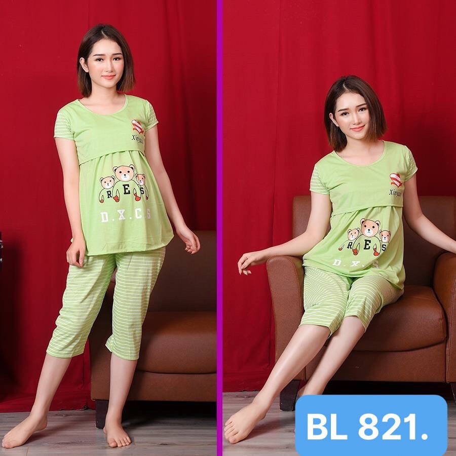 Bộ đồ bầu LỬNG CHẤT COTTON họa tiết ngộ nghĩnh, áo lật cho con bú sau sinh  BL821