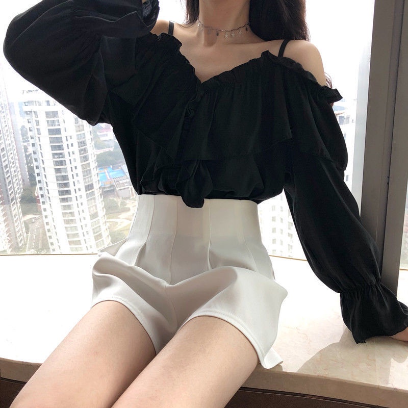 Áo Rớt Vai Tay Dài 2 Dây Bèo Vai Xinh Xắn Đen