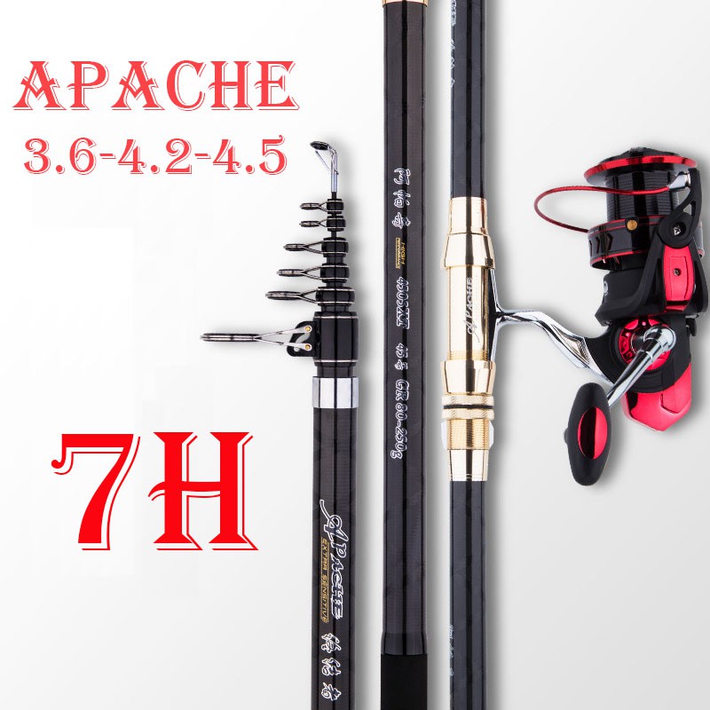 Cần câu máy Carbon xoắn toàn thân APACHE độ dài 3.6m-4.2m-4.5m cần lục xa bờ Độ cứng 7H - tương đương BXT CC-1