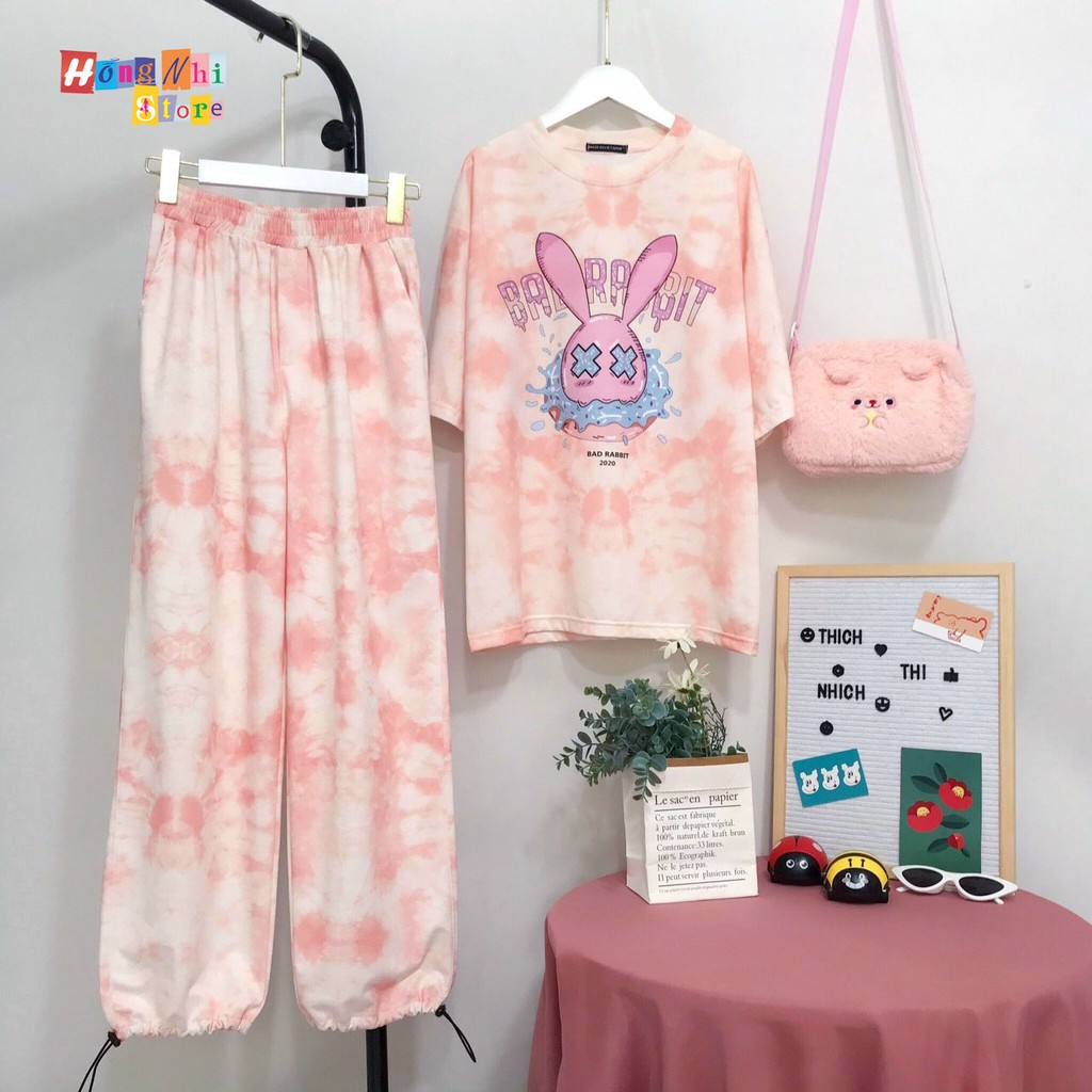 Set Bộ Áo Thun Tie Tee Tay Lỡ Loang Màu Kèm Quần Jogger Thun Dài Dây Rút Cao Cấp - MM