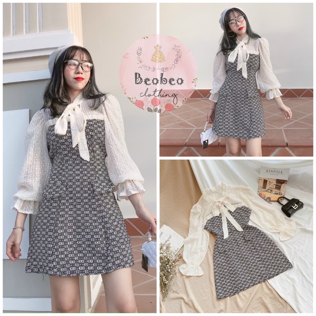 Đầm bố caro phối tay voan phồng bi nổi thắt nơ cổ vintage