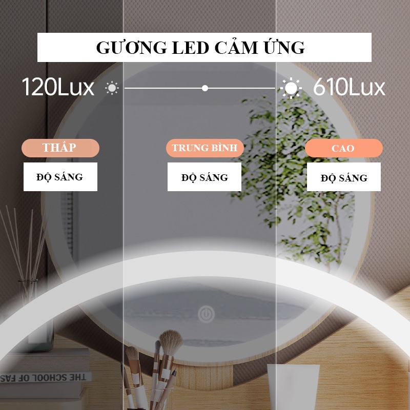 Bàn trang điểm có gương LED cảm ứng HOLI - AK11 Kích thước 80x50cm Chân cao 75cm, Có kệ và ngăn kéo tiện lợi