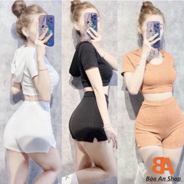 Sét bộ 2 món nữ áo croptop phối nón kèm quần xẻ lưng thun FreeSize chất vải thun gân len 4 chiều