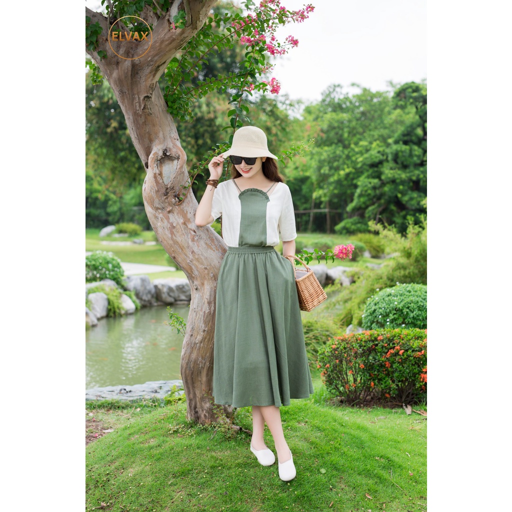 Bộ Đồ Linen Nữ ELVAX Áo Phông Cổ Yếm Xanh Rêu, Chân Váy Dài Xanh Rêu Linen Gân Xước