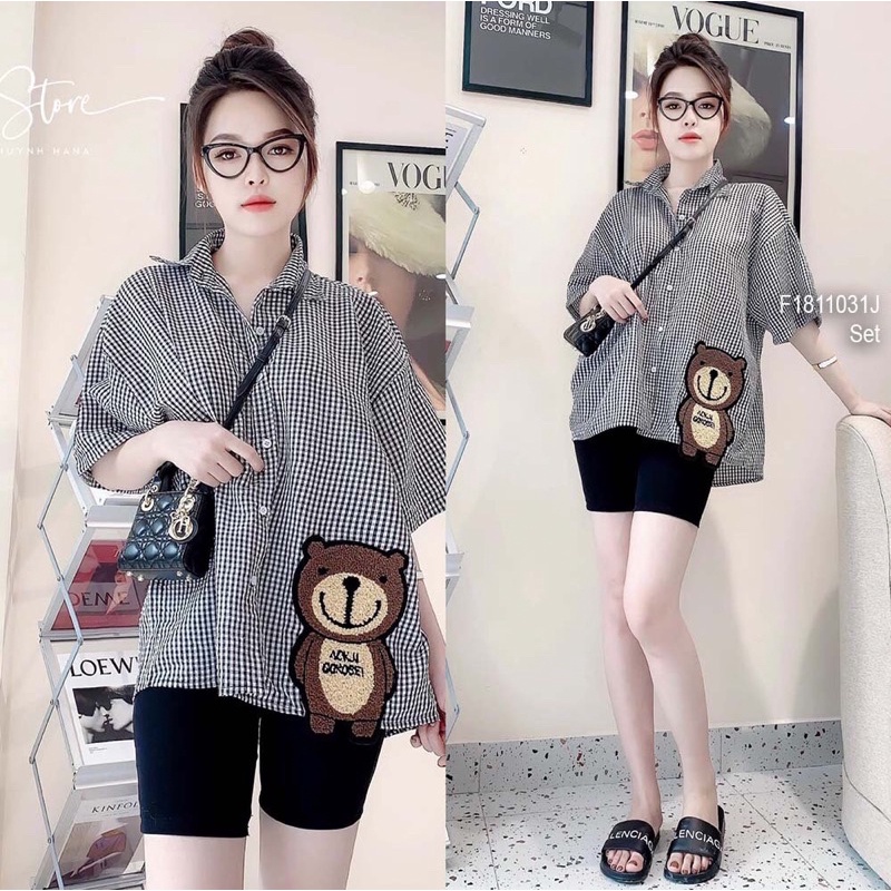 Set áo sơ mi xốp tà thêu hình gấu form rộng tay ngắn phối quần ngố!