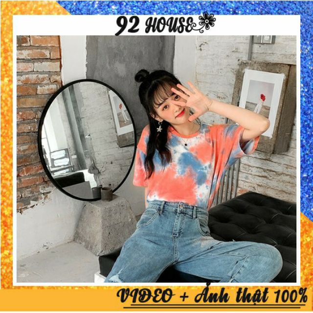 Áo thun tay lỡ nam nữ loang màu đỏ cam xanh freesize