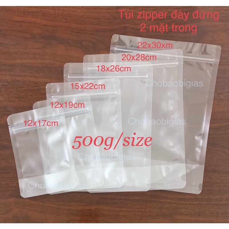 {500g/size} Túi zipper đáy đứng 2 mặt trong (hàng đẹp)