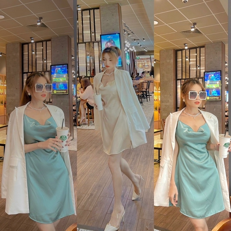 đầm hai dây phi thun lụa cao cấp chính chủ chụp