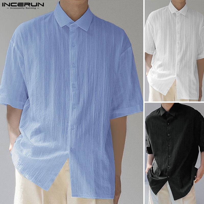 Áo sơ mi Incerun tay ngắn màu trơn cổ bẻ thanh lịch hợp thời trang cho nam